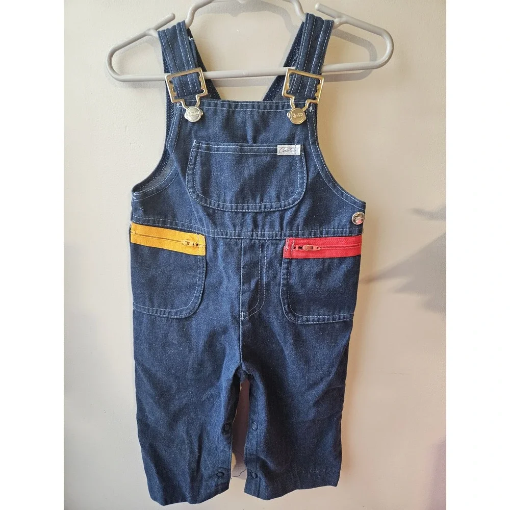 Vintage Carter's Denim Baby Overalls 12 Months Made in USA Gold Hardware Red...